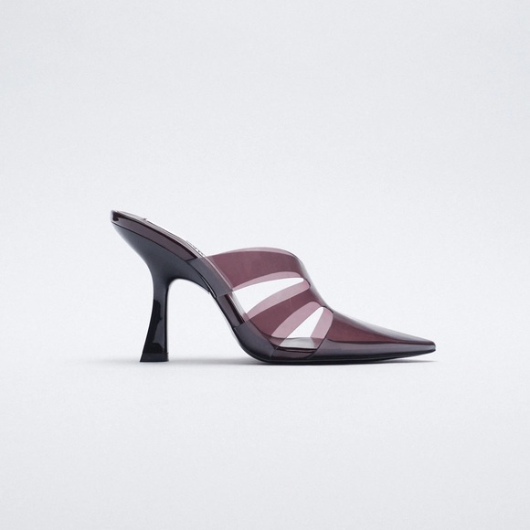 NWT. Zara Aubergine Vinyl High-heel Mules. Size 9.